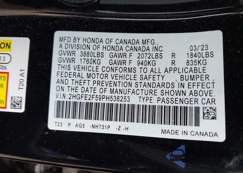 2023 Honda Civic Sport z USA, uszkodzony, nr VIN 2HGFE2F59PH536253